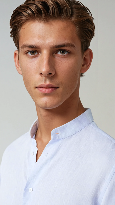 Linen Band Collar Shirt Light Blue