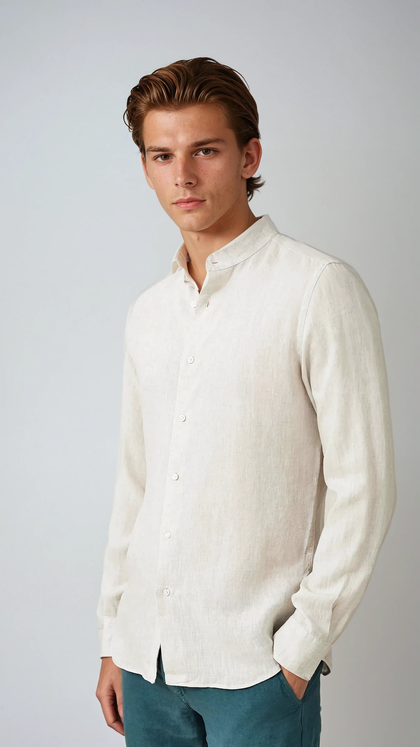 Linen Band Collar Shirt Beige