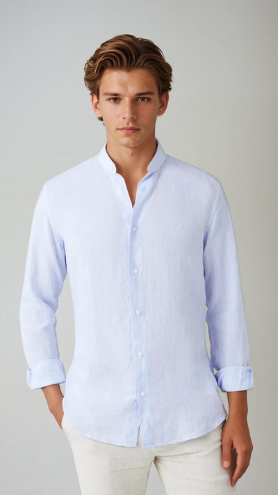 Linen Band Collar Shirt Light Blue