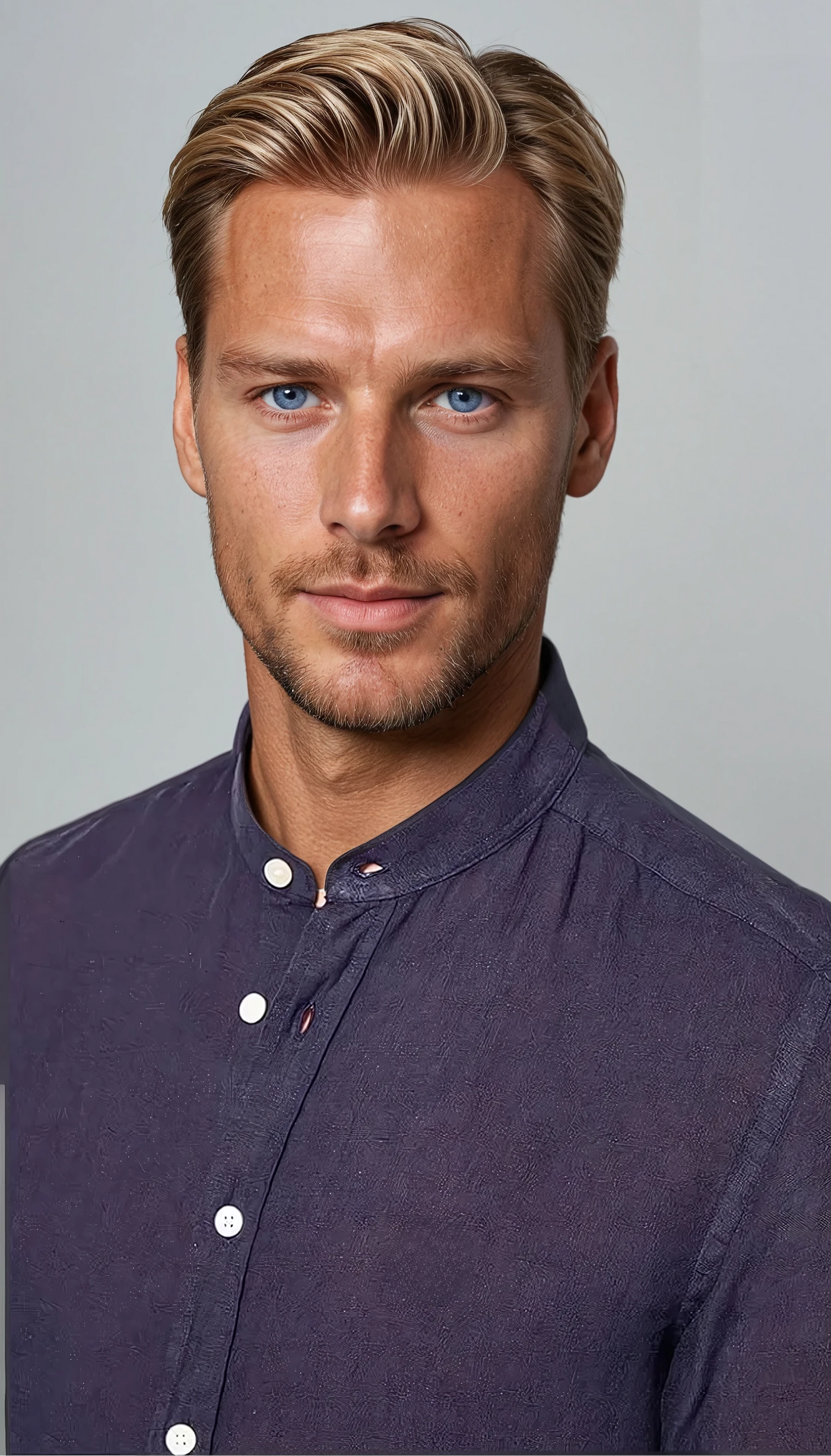 Linen Band Collar Shirt Navy Blue