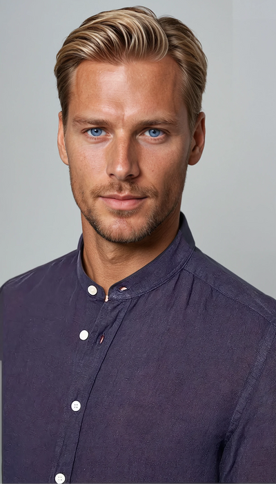 Linen Band Collar Shirt Navy Blue