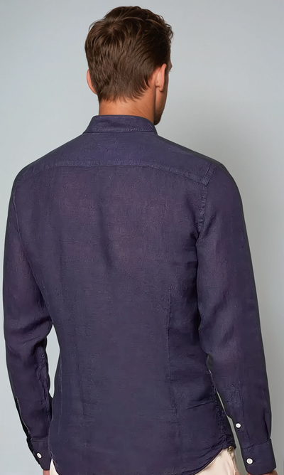 Linen Band Collar Shirt Navy Blue