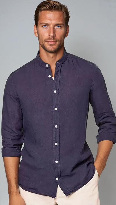 Linen Band Collar Shirt Navy Blue