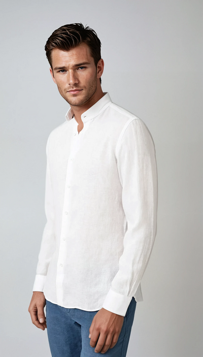 Linen Band Collar Shirt White